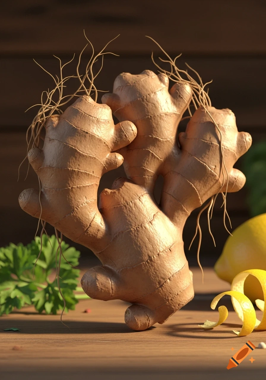 Photorealistic image of three large ginger roots on a wooden surface, with a lemon peel and parsley in the background.