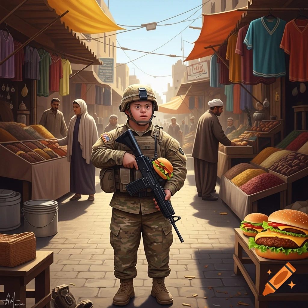 A soldier with Down syndrome in military fatigues stands holding a rifle and a hamburger in a bustling Middle Eastern street market, with various goods and people in the background. The image has a realistic art style.