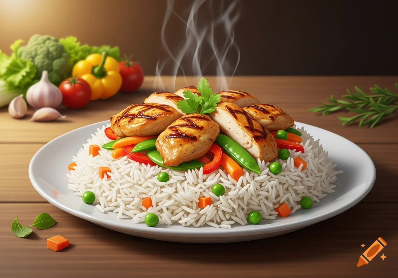 A steaming plate of grilled chicken pieces over white rice with peas, carrots, and red peppers on a wooden table.