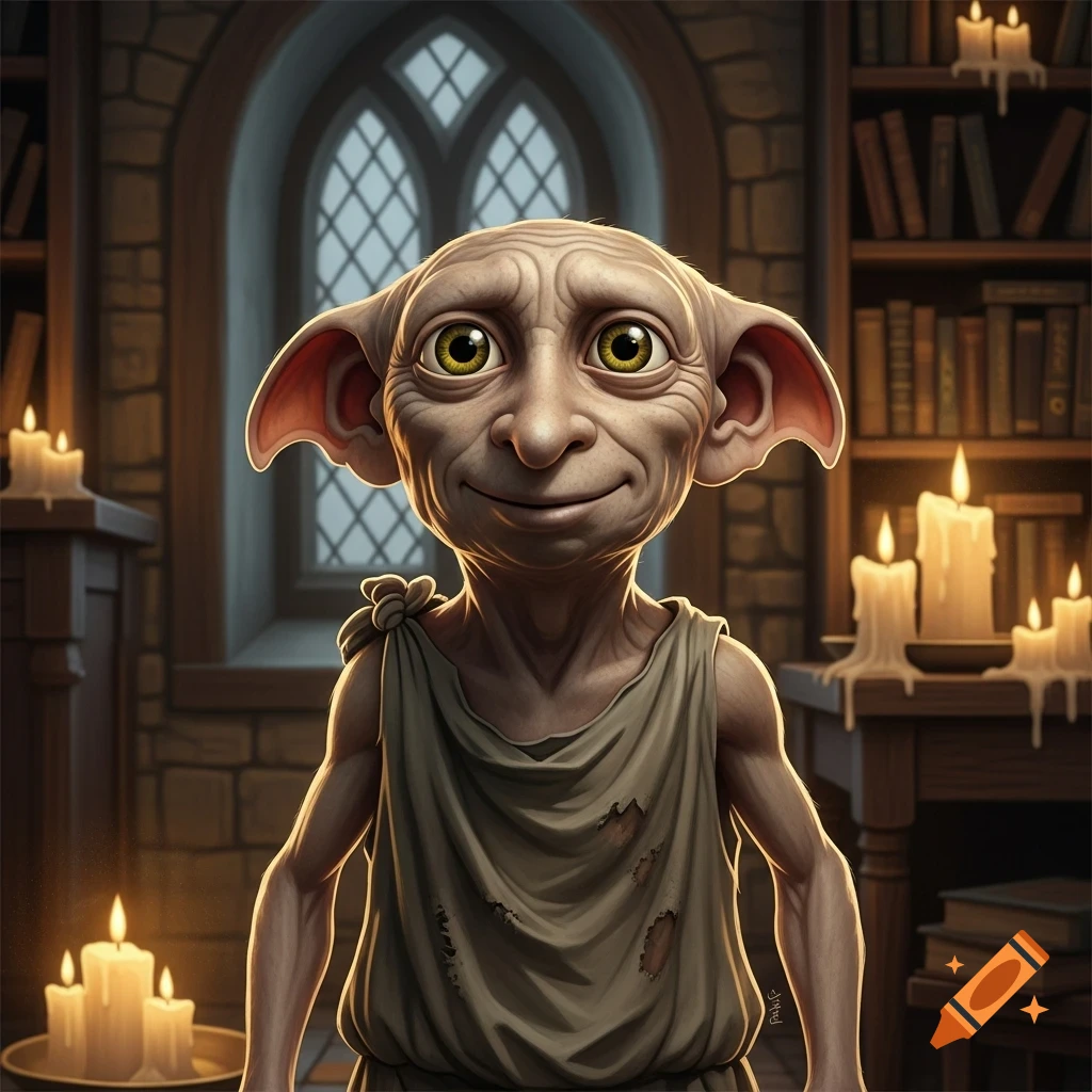 Dobby the house elf smiles slightly, with large green eyes and big ears, in a dimly lit, candlelit room with bookshelves and an arched window.
