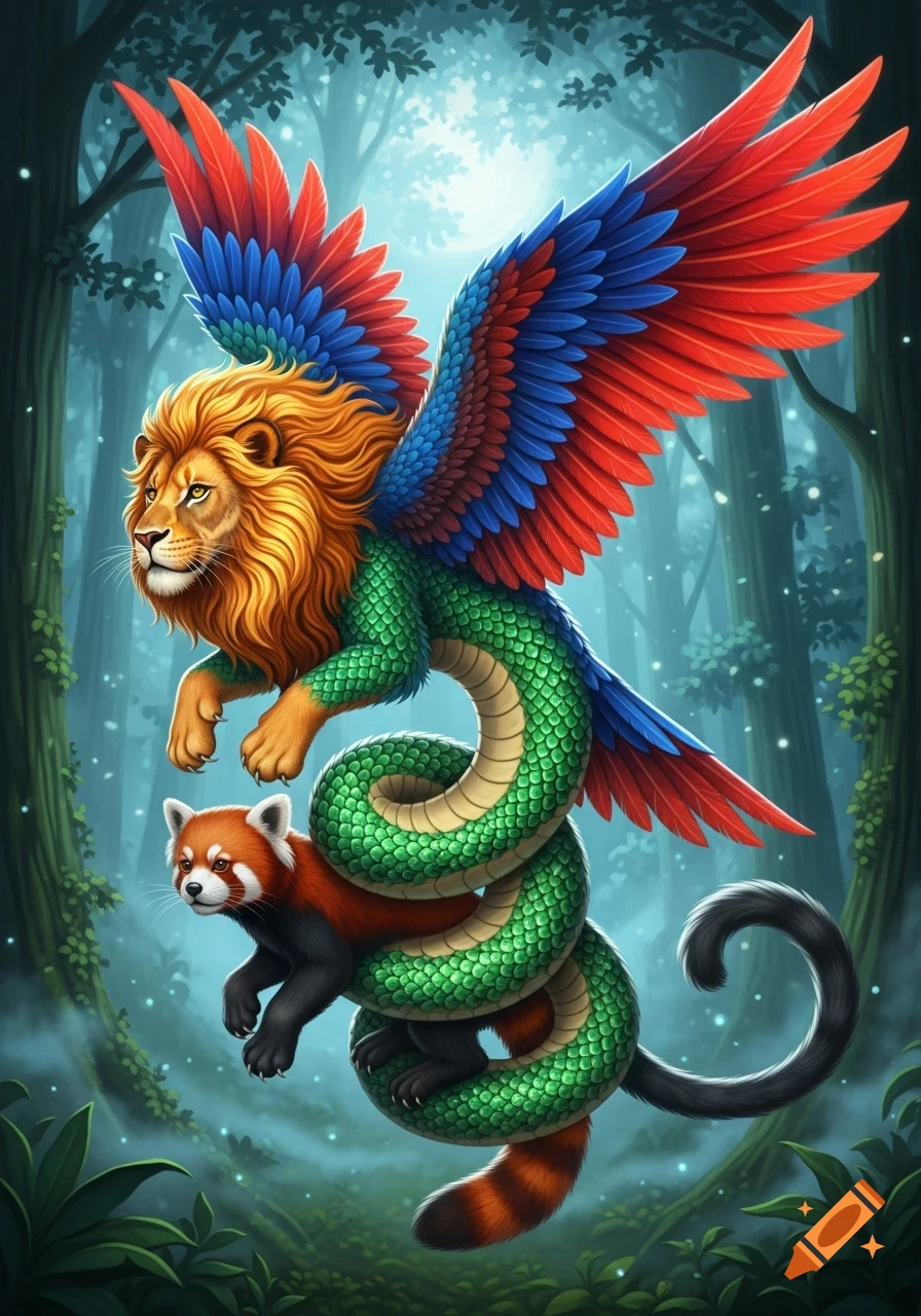 Vibrant Alebrije creature with a lion's head, colorful eagle wings, and a green scaled body, floating with a red panda in a mystical forest.
