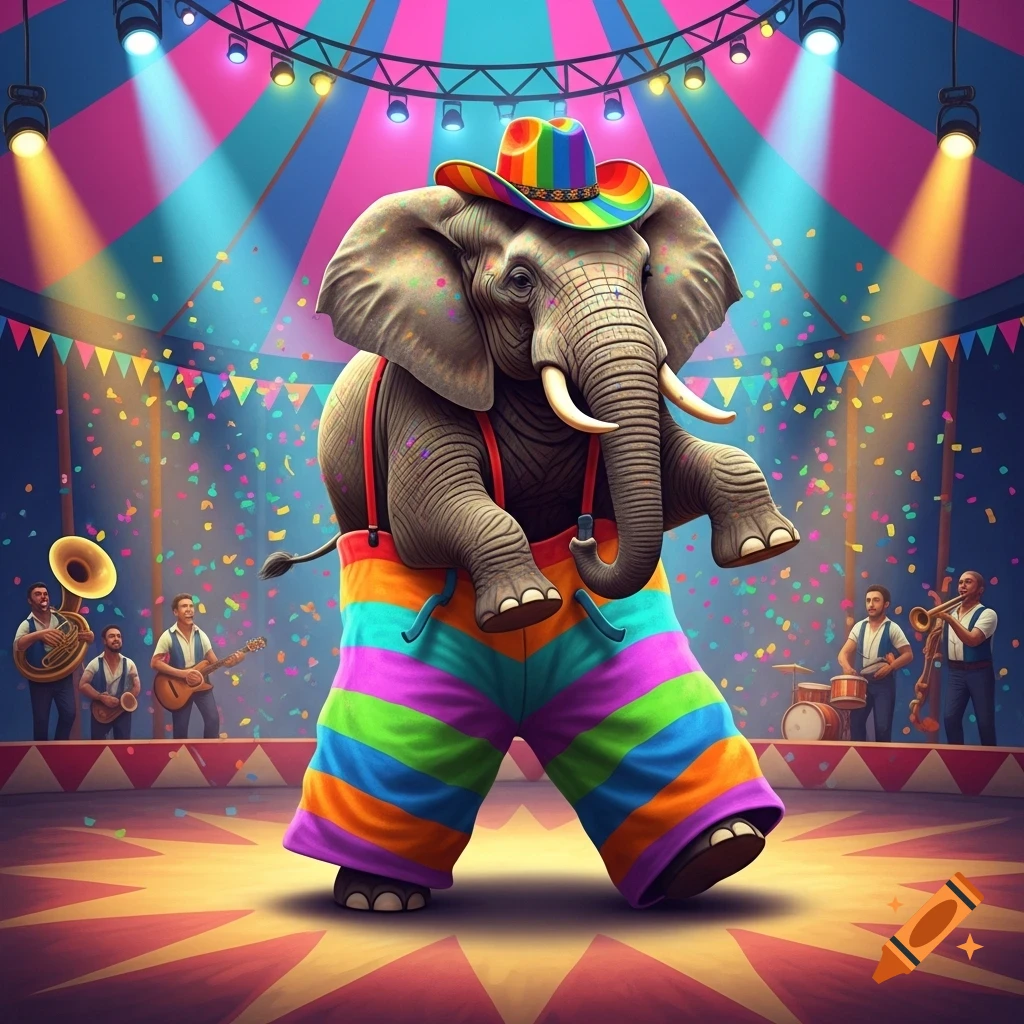 A vibrant cartoon elephant wearing colorful striped pants, red suspenders, and a rainbow cowboy hat dances on a circus stage with confetti falling and a band playing.