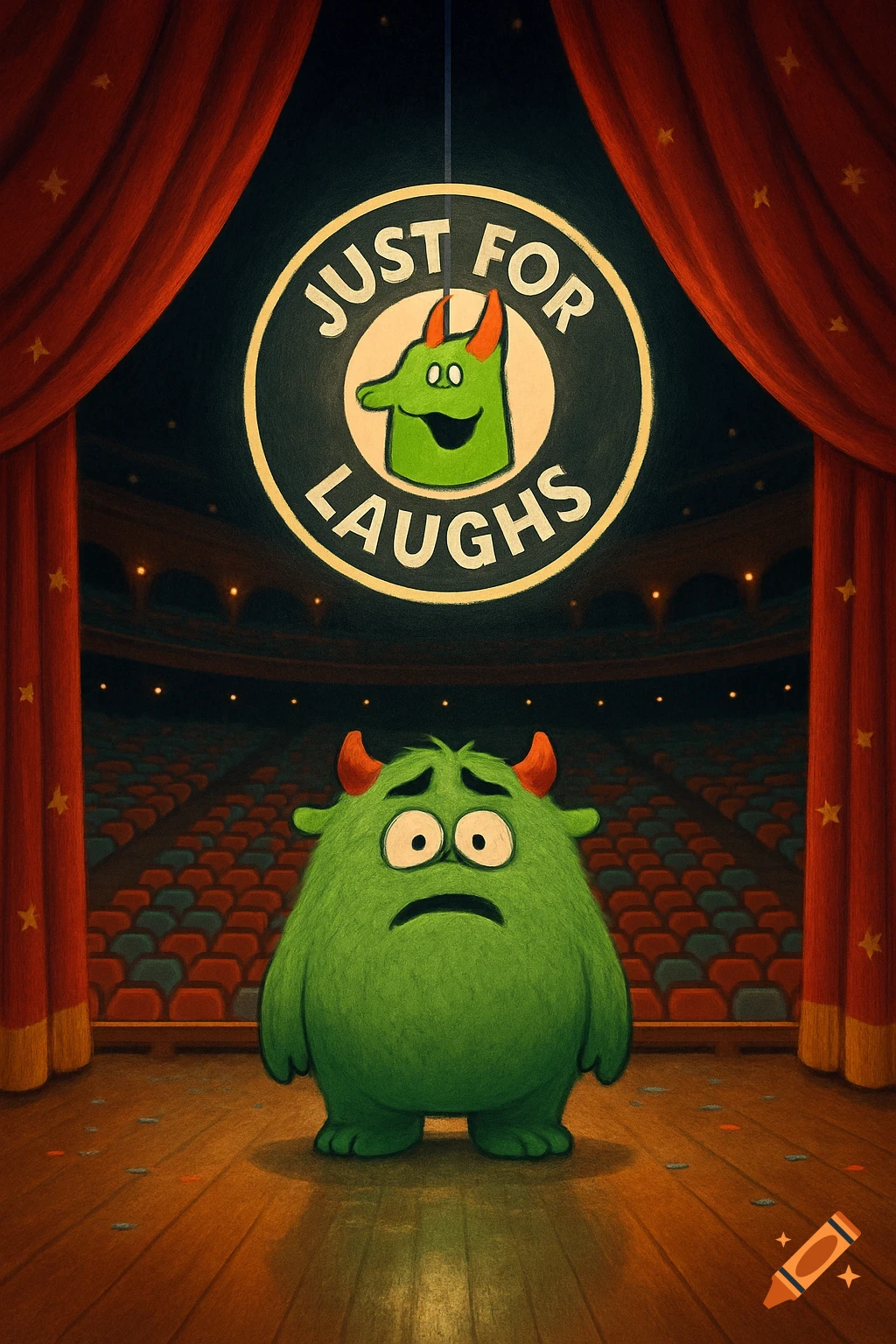 A sad, fluffy green monster with red horns stands on a wooden stage, framed by red curtains. A spotlight illuminates a "Just for Laughs" logo above it, in an empty theater.