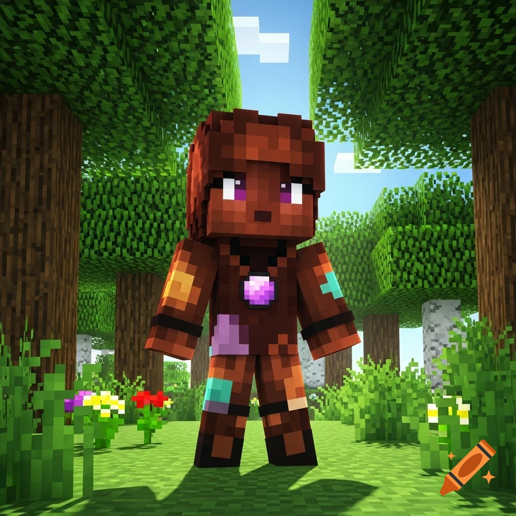 A blocky brown-skinned Minecraft character with purple eyes and patchwork clothes stands in a vibrant green forest.