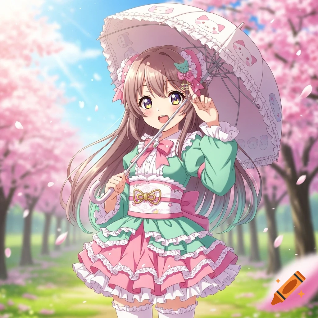 An anime girl in a frilly green and pink dress smiles while holding a white umbrella in a cherry blossom park.