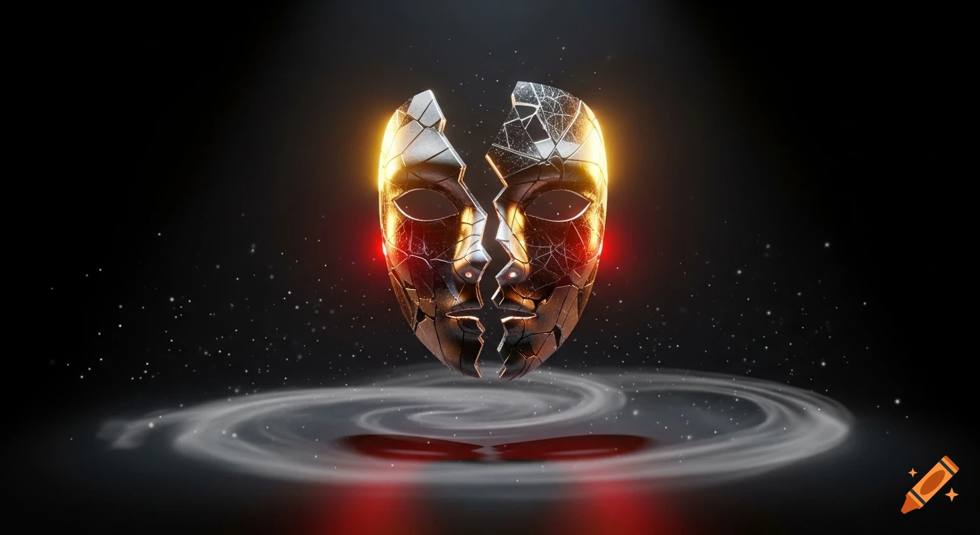 A broken, reflective silver mask with golden and red glowing edges, floating over swirling mist and reflections on a dark, starry background.