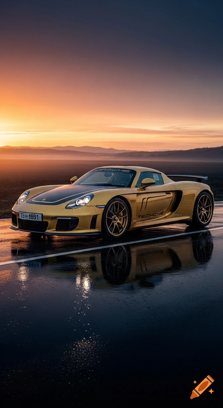 A gold and black Porsche sports car on a wet road, reflecting the vibrant sunset hues in the background.