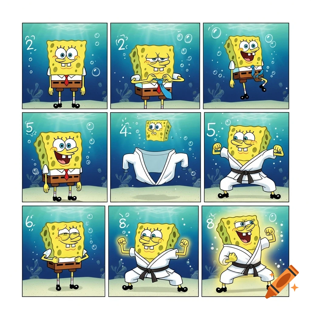 A 9-panel cartoon sequence shows SpongeBob SquarePants transforming from his regular outfit into a white karate gi with a black belt, in an underwater setting.