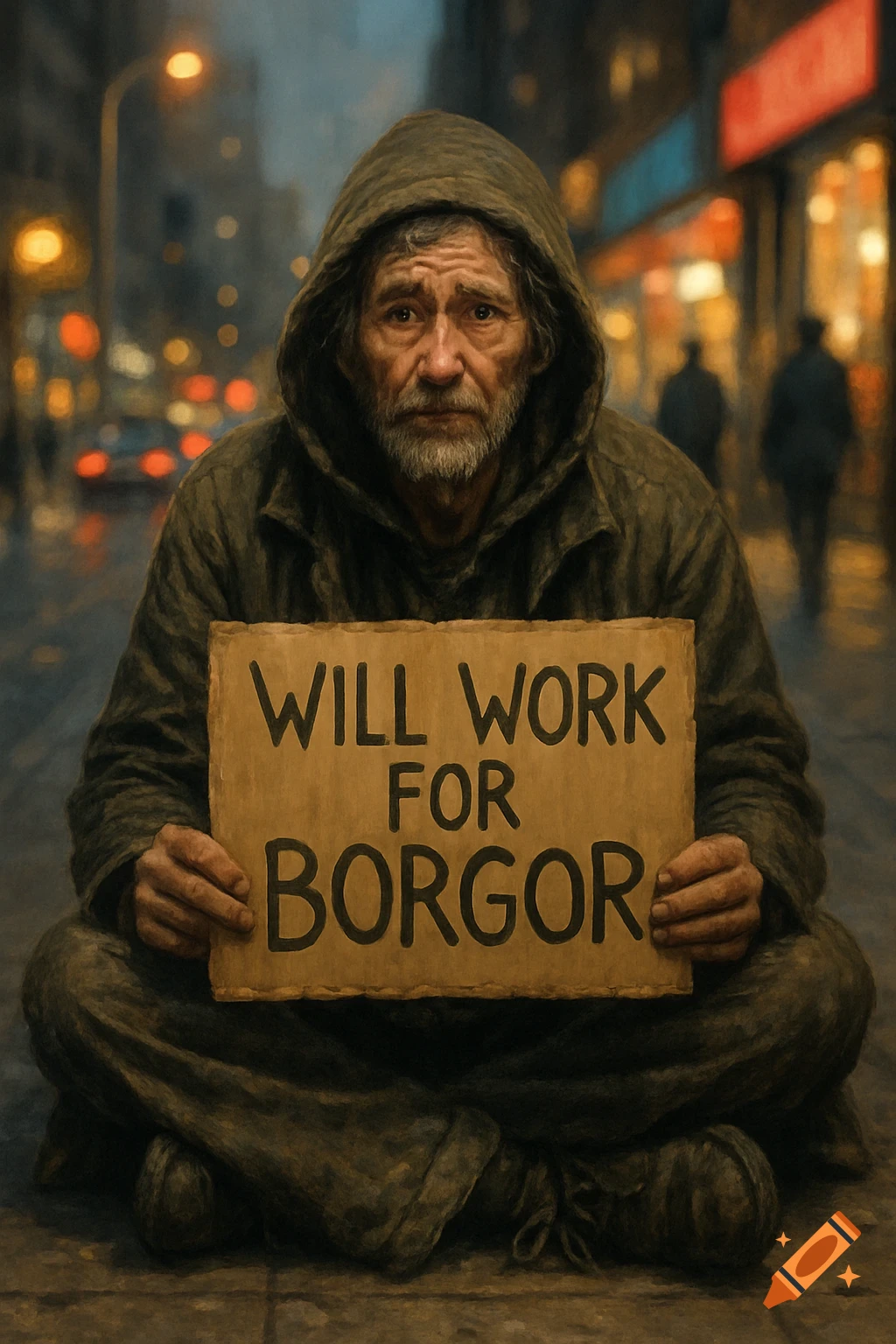 A solemn homeless man sits on a city street at night, holding a sign that says 'WILL WORK FOR BORGOR'.