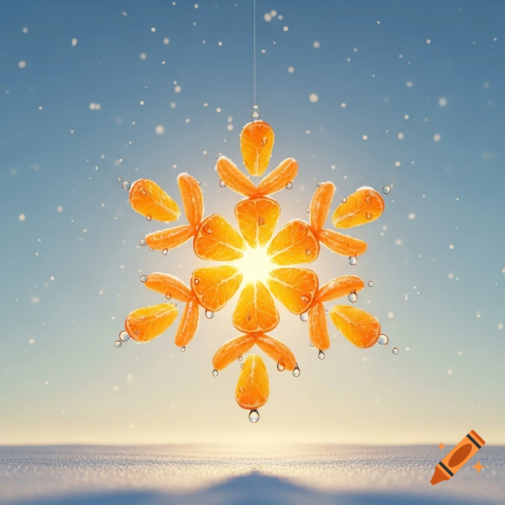 A creative snowflake ornament fashioned from vibrant orange slices hangs in a serene blue winter sky with light snowfall, above a softly lit snowy ground.