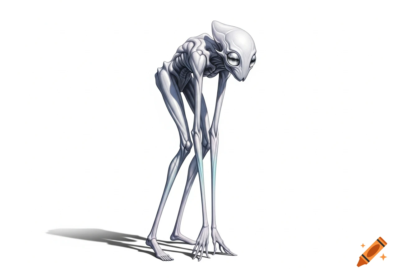 A pale, lanky bipedal creature with large dark eyes and long limbs stands on a white background, casting a shadow.