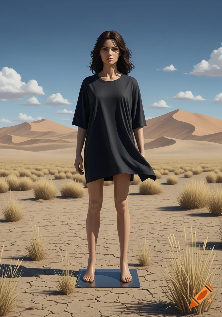 A realistic female mannequin in an oversized black t-shirt stands barefoot on a desert floor with dunes and sparse dry grass under a blue sky.