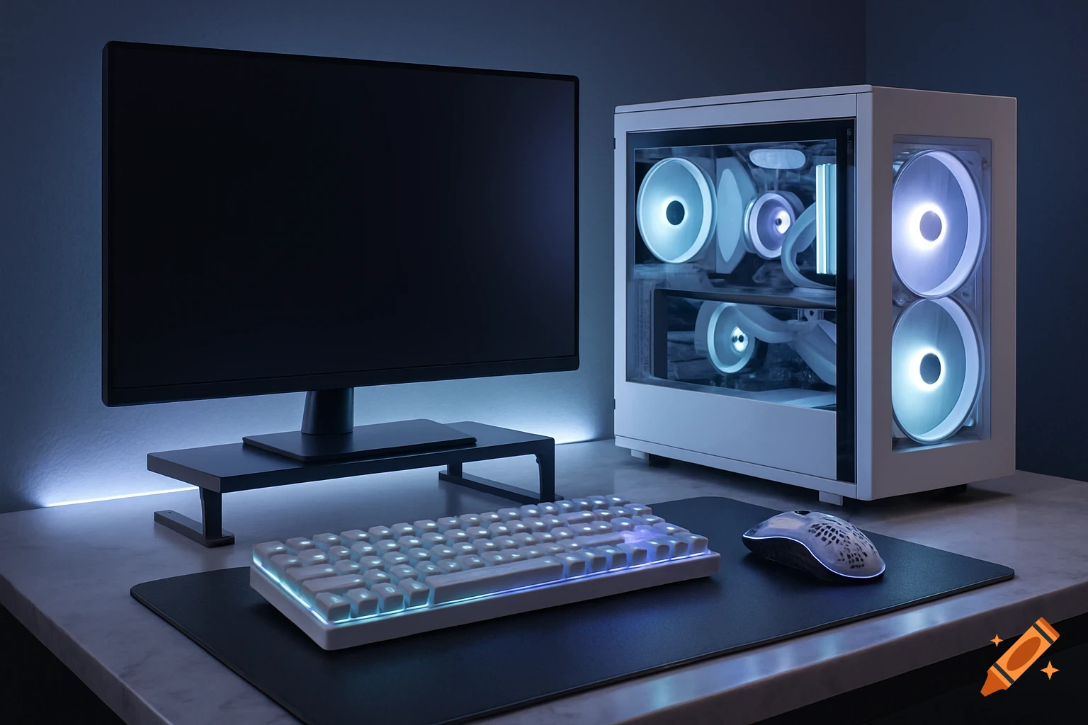 Photorealistic white gaming PC setup with a monitor, illuminated tower, backlit keyboard, and gaming mouse on a dark desk.