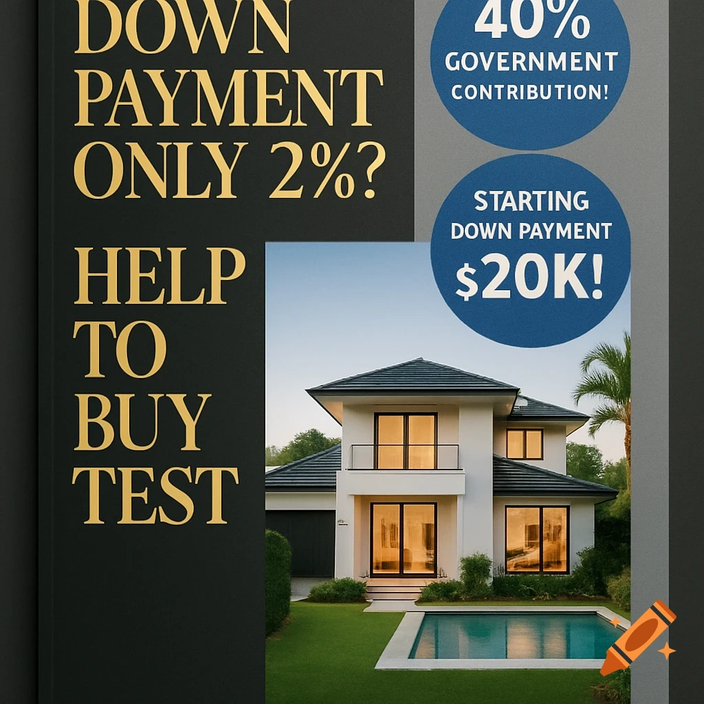 A modern white house with a pool, green lawn, and bushes, overlaid with real estate advertisement text in gold and blue about down payments and government contributions.