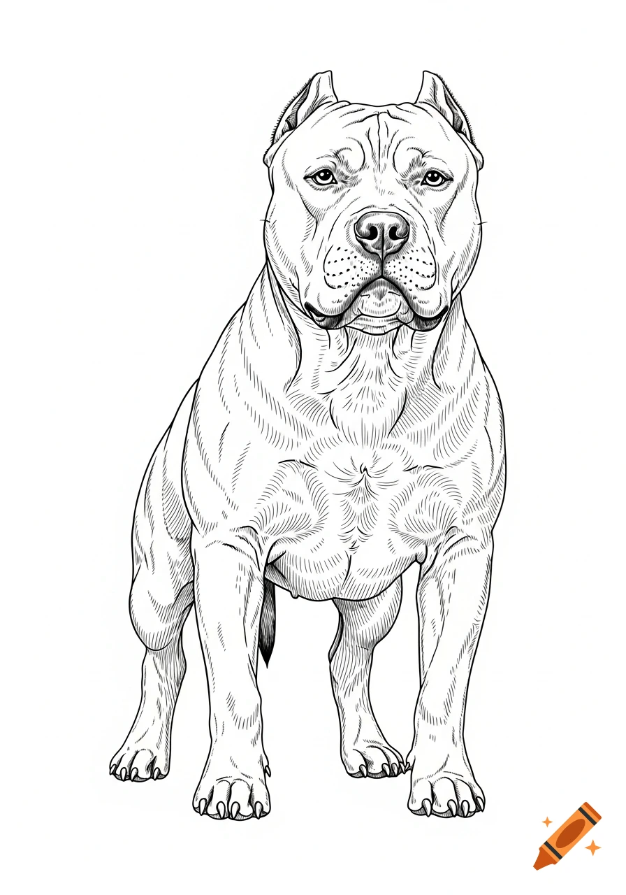 Black and white line drawing of a Pit Bull dog standing, front-facing on a white background.