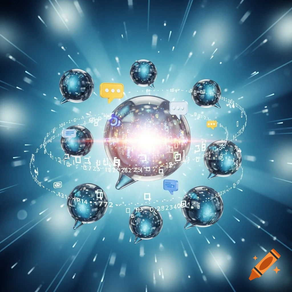 A glowing central speech bubble surrounded by smaller blue and silver speech bubbles, with digital data and lines radiating outwards on a blue background, symbolizing global communication.