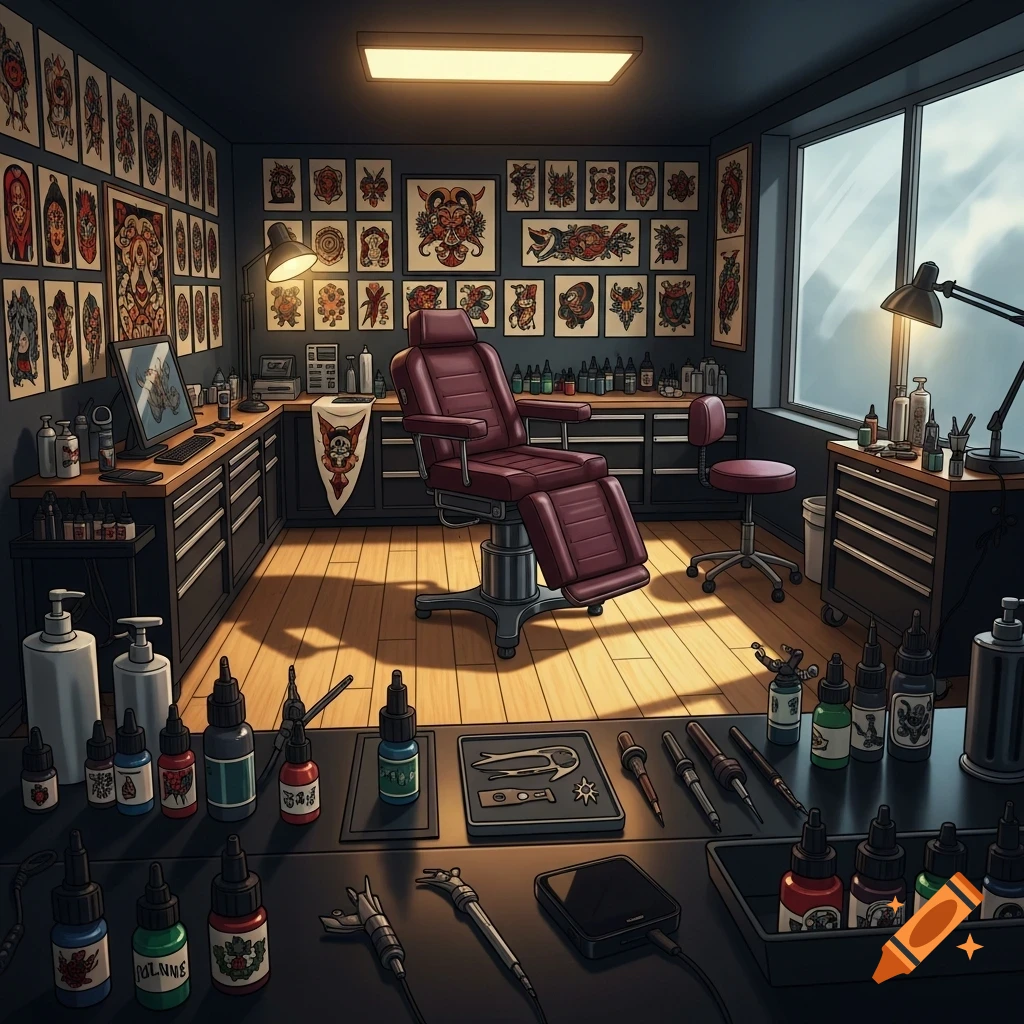 An empty tattoo studio with a red reclining chair, various tattoo flash designs on the walls, and bottles of ink and equipment on the counters.