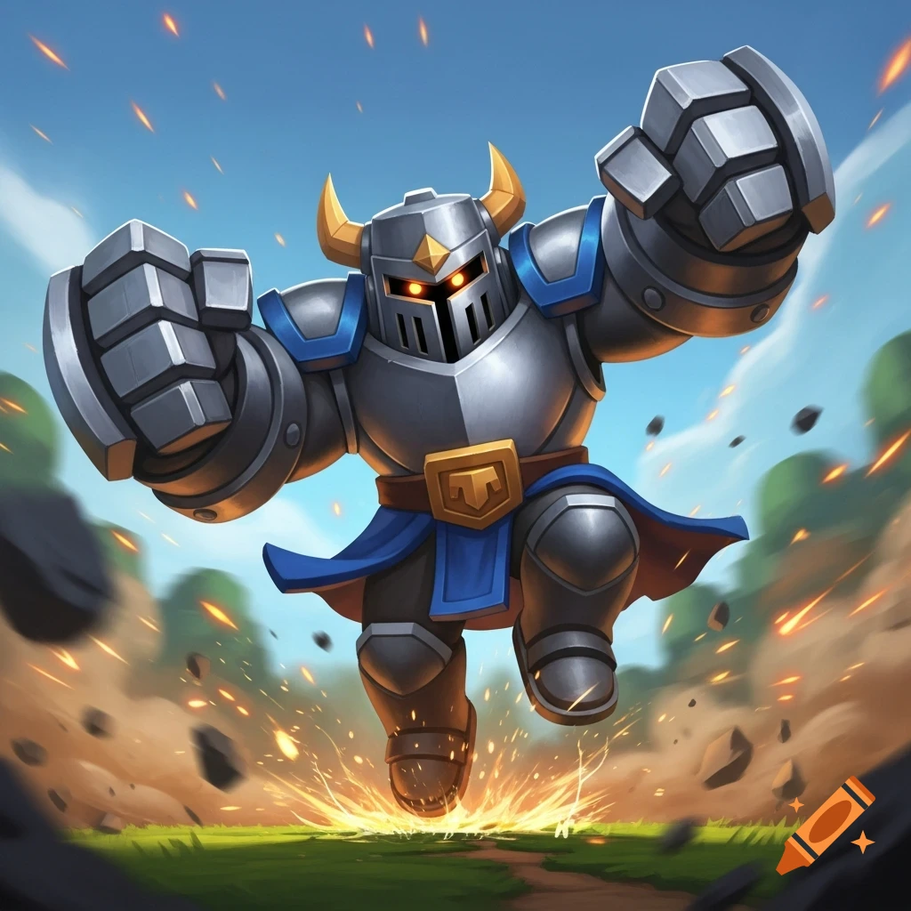 A cartoon-style armored knight with glowing red eyes, horned helmet, and large fists, runs forward kicking up dirt and sparks under a blue sky.