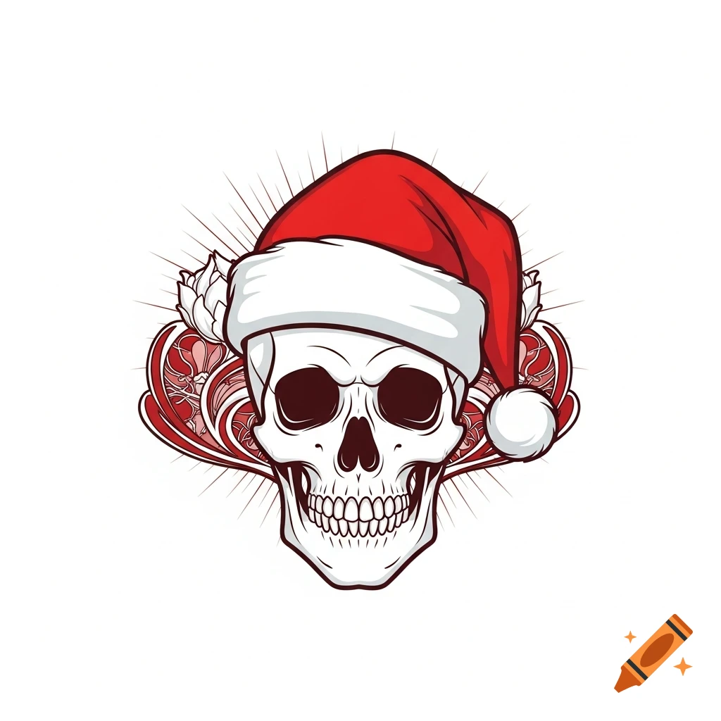 Stylized illustration of a skull wearing a Santa hat, with red and white art nouveau ornamentation in the background.