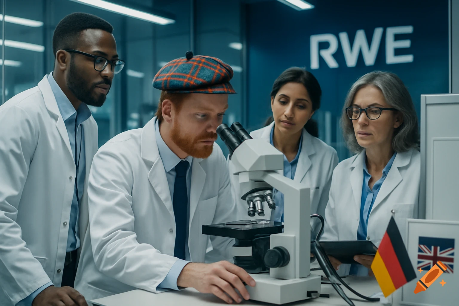 Four diverse scientists in lab coats collaborate around a microscope in a modern lab with an RWE logo and German/UK flags.