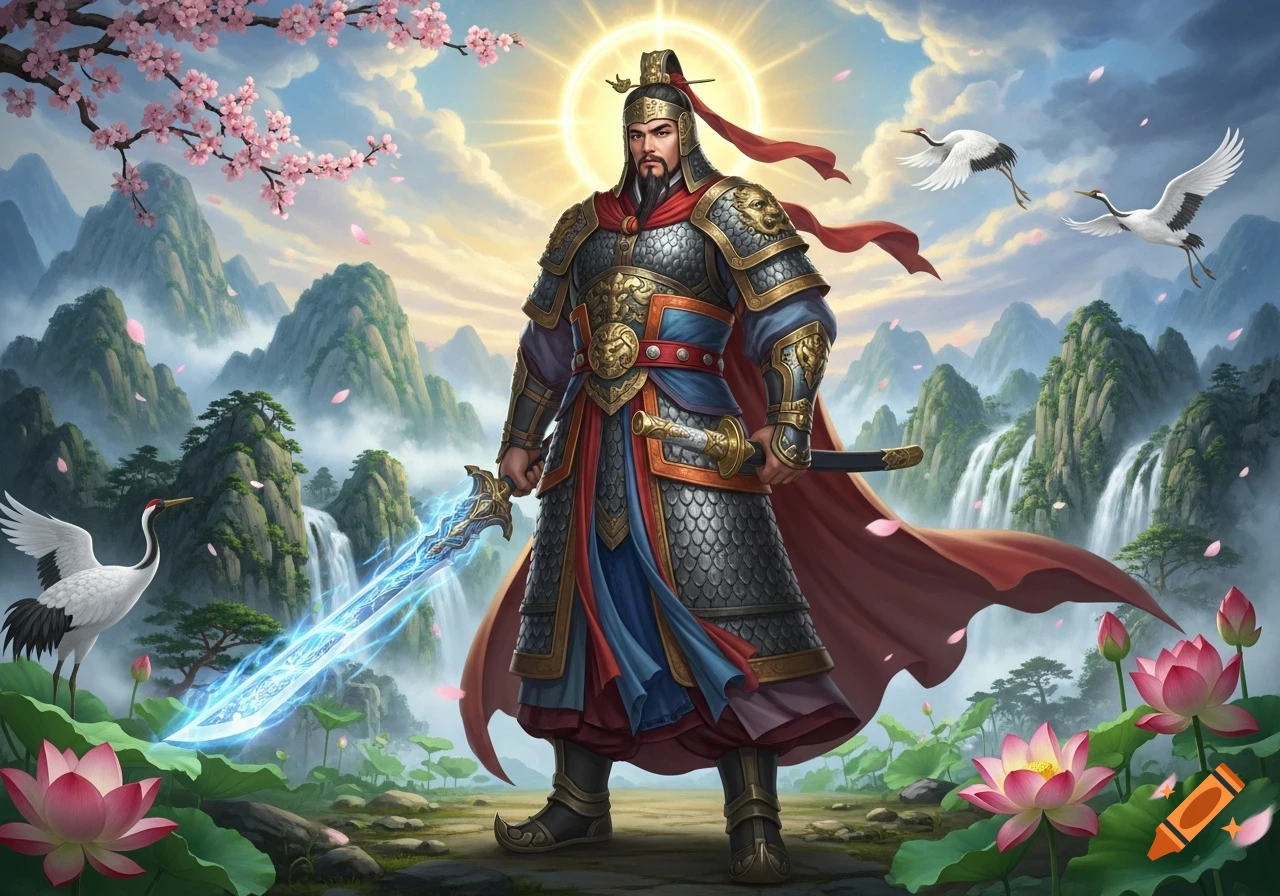 A divine warrior in ornate armor with a glowing sword stands in a surreal heavenly landscape with mountains, waterfalls, cherry blossoms, lotus flowers, and cranes.