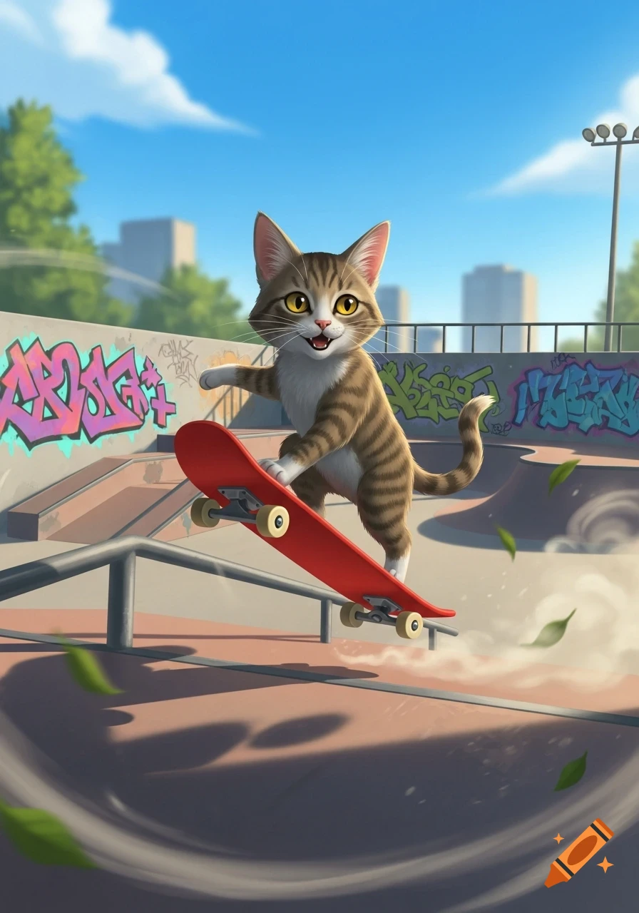 A stylized striped cat with yellow eyes balances on a red skateboard in a sunny skatepark with graffiti-covered walls.
