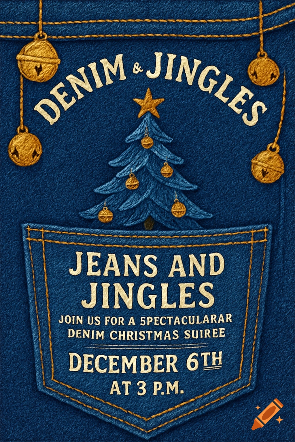 A blue denim-textured Christmas party invitation poster with golden jingle bells, a denim Christmas tree, and text about a "Denim & Jingles" event on December 6th at 3 P.M.