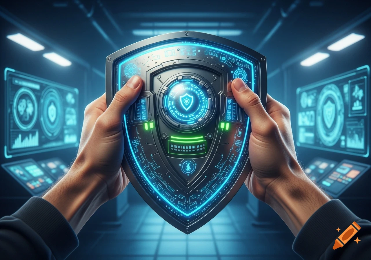 Two hands hold a glowing, futuristic cybersecurity shield in a dark, high-tech control room.
