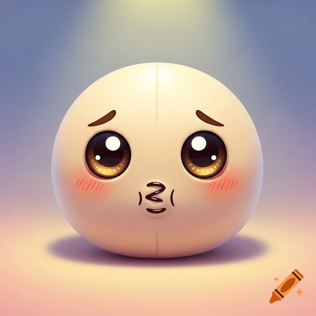 A cute, round, light-colored emoji with large brown eyes, downturned eyebrows, rosy cheeks, and a pouty, squiggly mouth, looking sad or pleading.