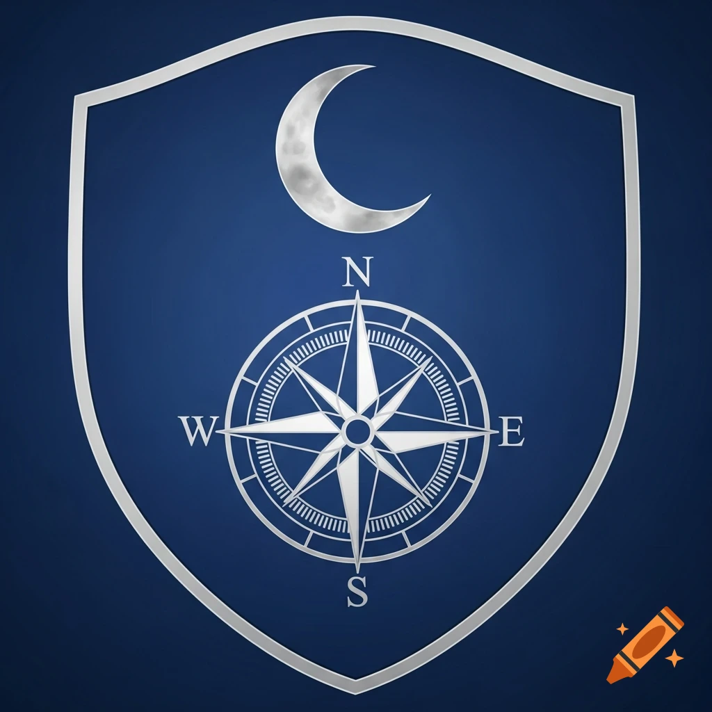 A silver-bordered blue shield with a detailed silver compass rose and a crescent moon above it.
