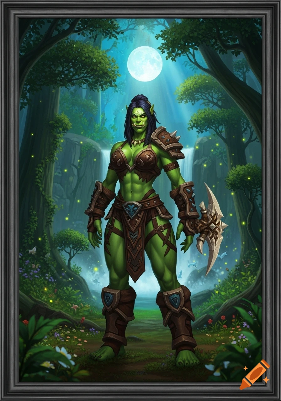 A green-skinned female orc warrior in leather armor holds a spiked shield in an enchanted forest with a full moon.