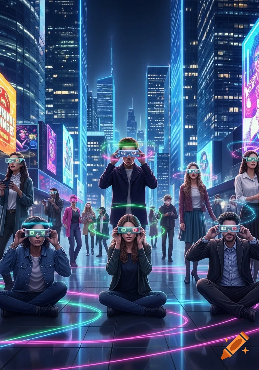 People wearing futuristic VR glasses, some sitting on a glowing floor, in a neon-lit city at night with tall skyscrapers.