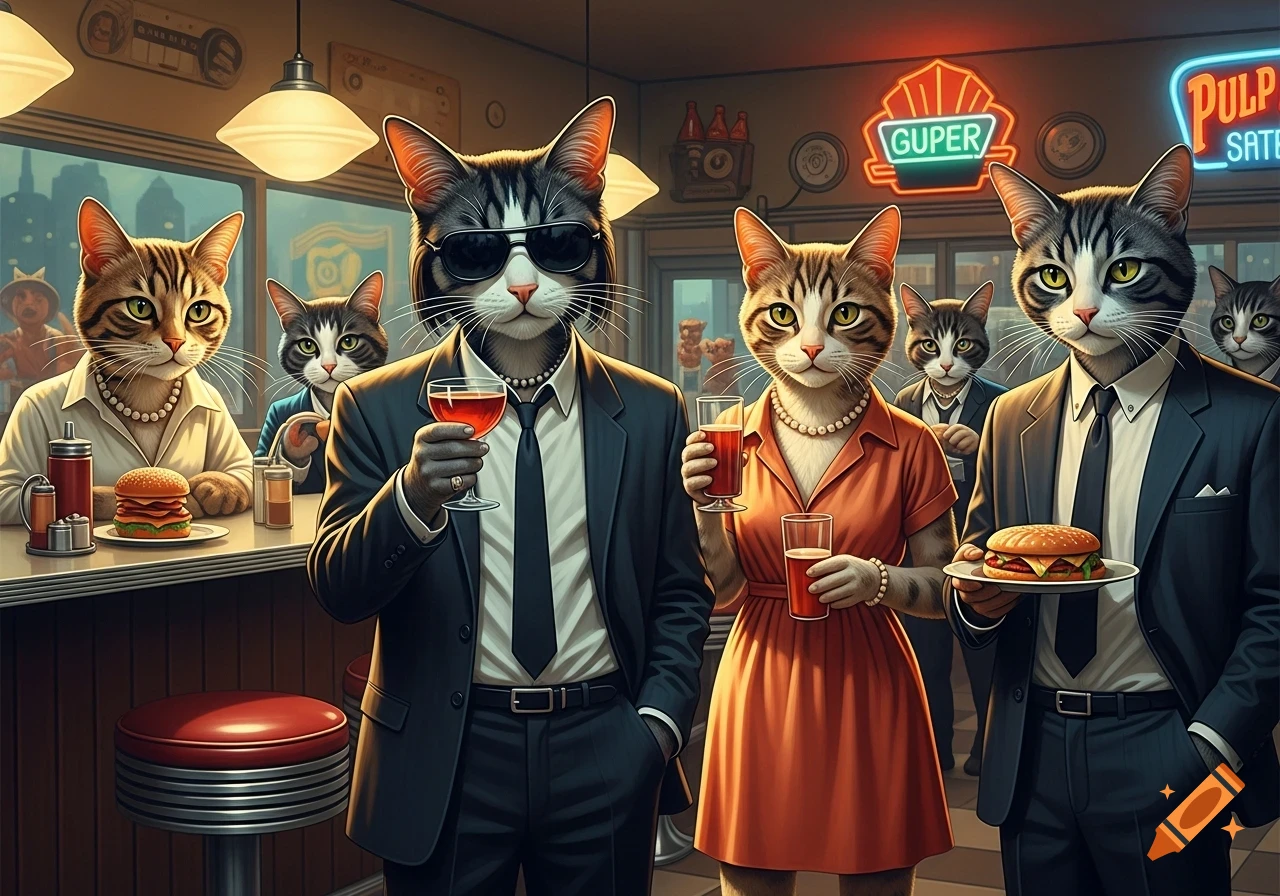 Anthropomorphic cats, dressed in suits and a dress, pose in a retro diner, holding drinks and a burger.