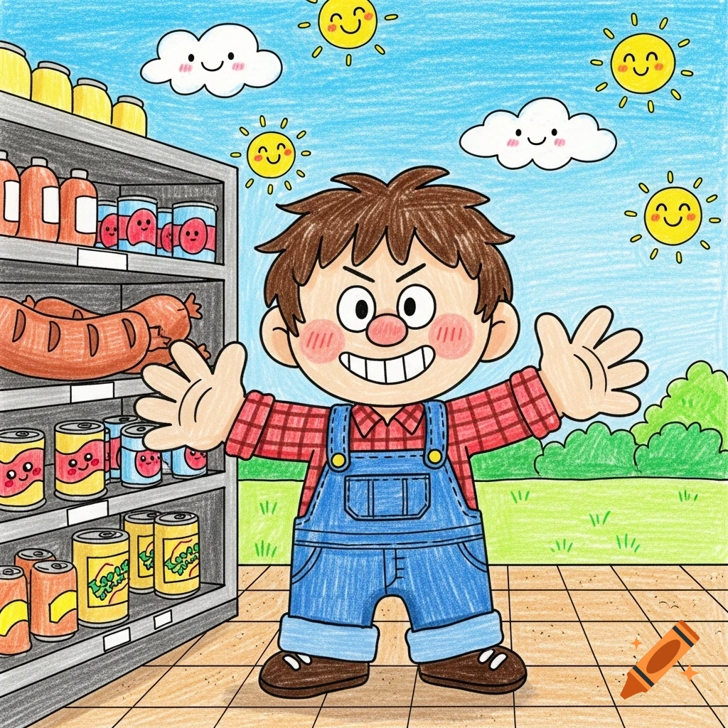 A cartoon boy in overalls stands in front of a grocery shelf, with a blue sky and smiling suns in the background, in a crayon drawing style.