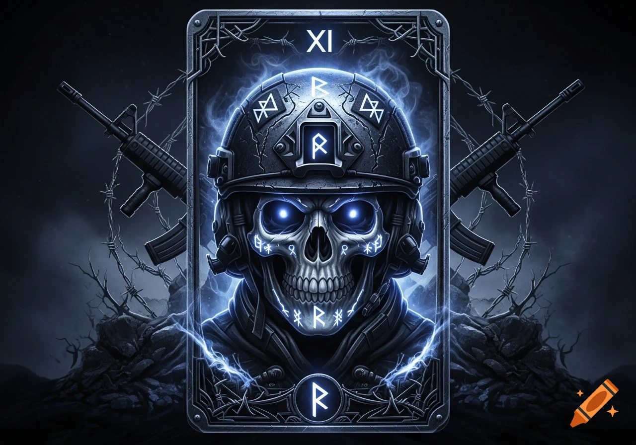 Dark tarot card featuring a skull in a military helmet with glowing blue eyes, runic symbols, assault rifles, and barbed wire, in a stylized art style.