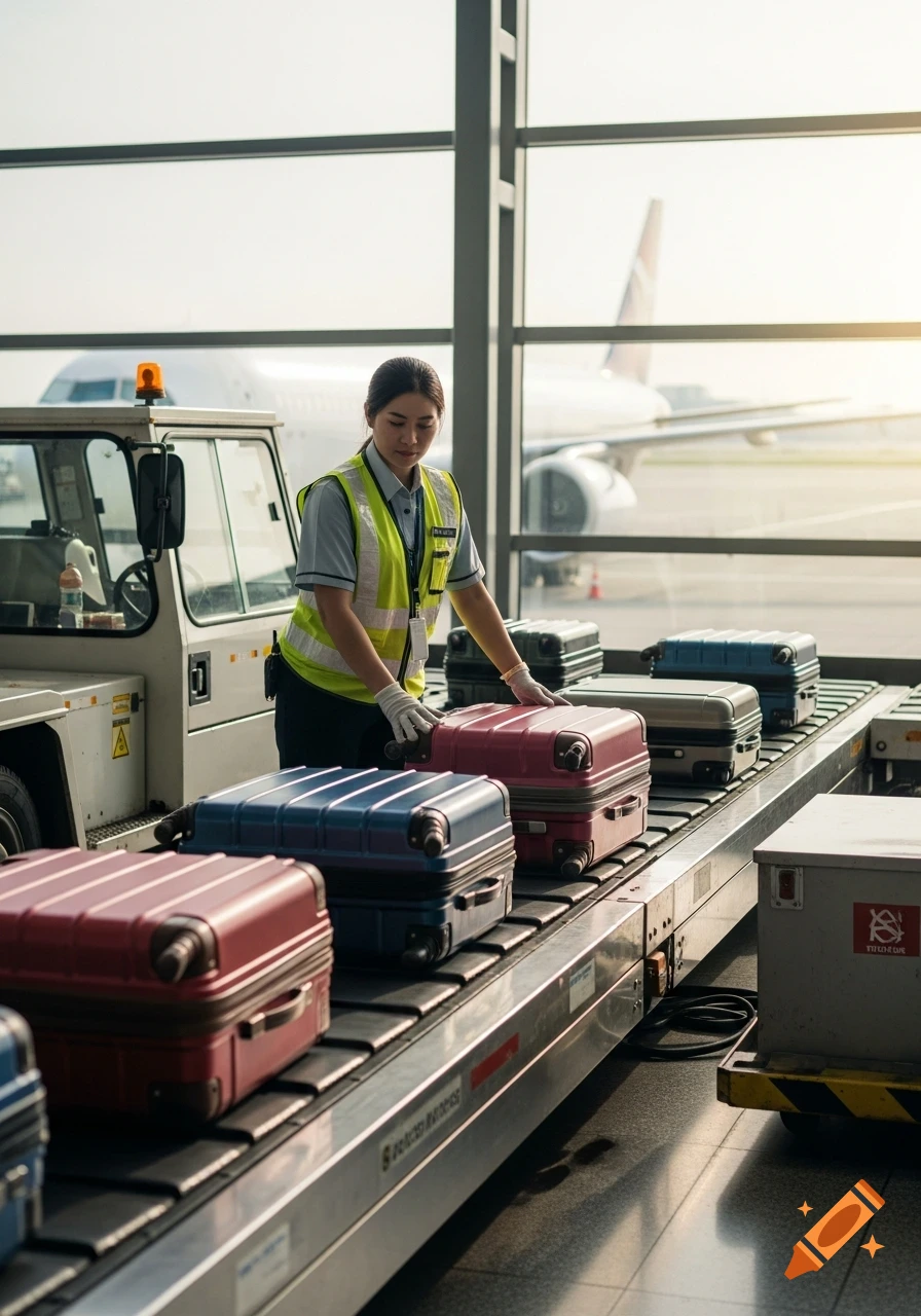 A female airport worker in a high-vis vest stands by a conveyor belt, organizing colorful luggage, with an airplane visible outside.