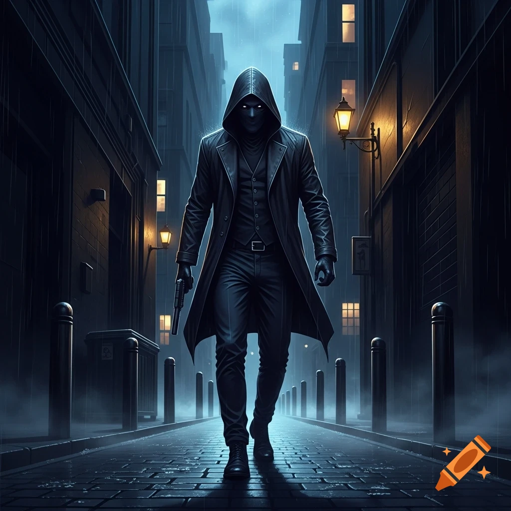A dark, hooded figure with glowing eyes and a trench coat walks down a rainy city alley, holding a handgun, in a photorealistic style.