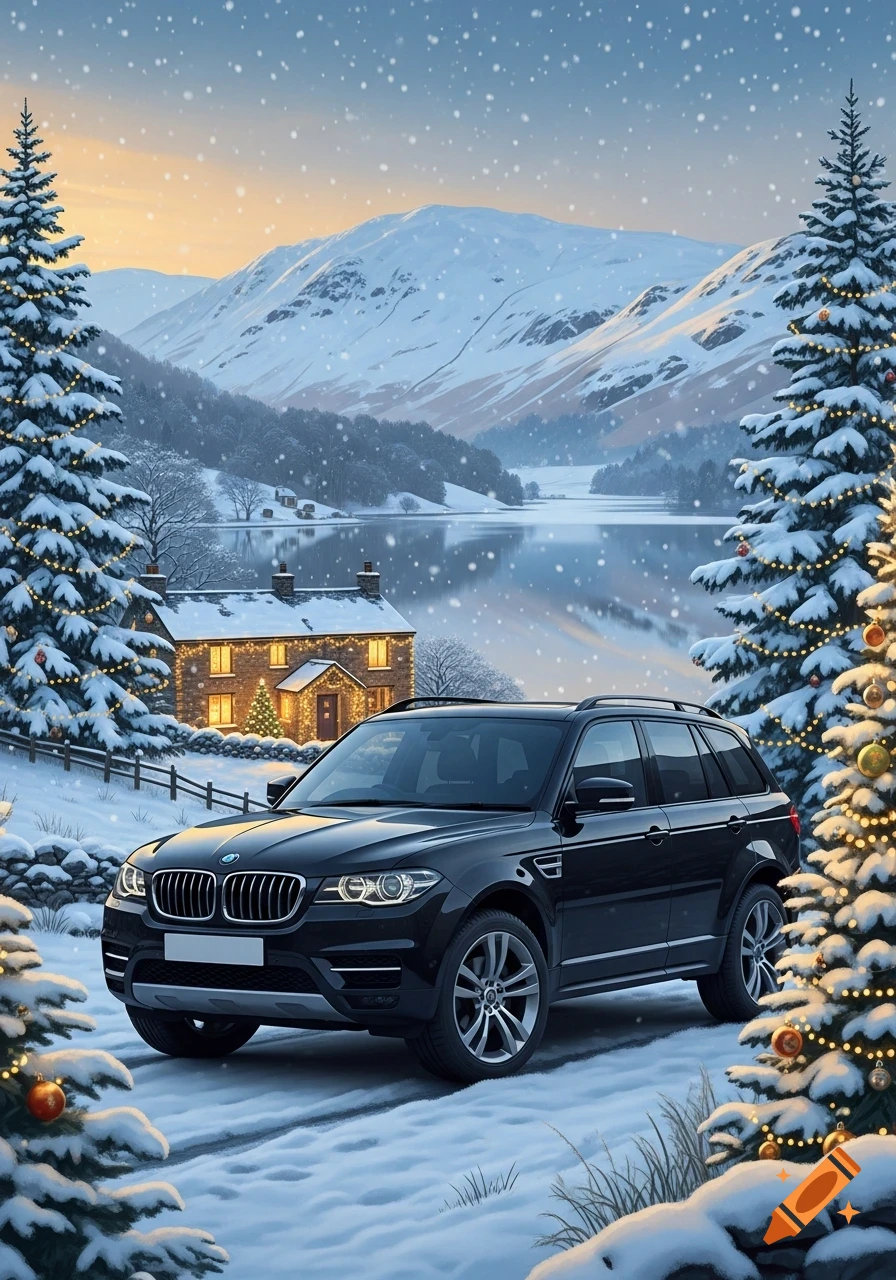Black SUV in a snowy winter landscape with Christmas trees, a lit house, and a lake under a pale sky.