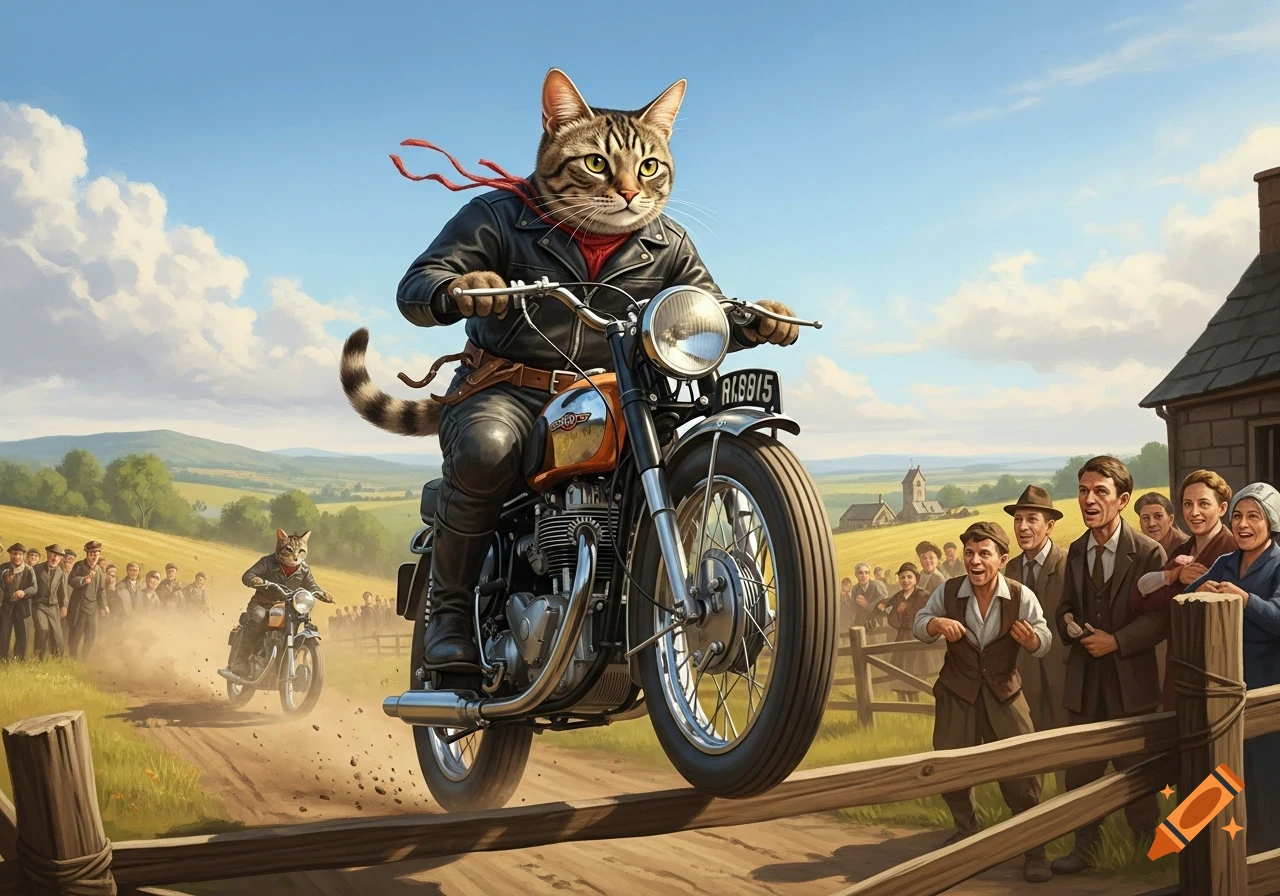 A tabby cat in a leather jacket rides a vintage motorcycle, jumping a wooden fence. Spectators watch in a sunny, rural landscape.
