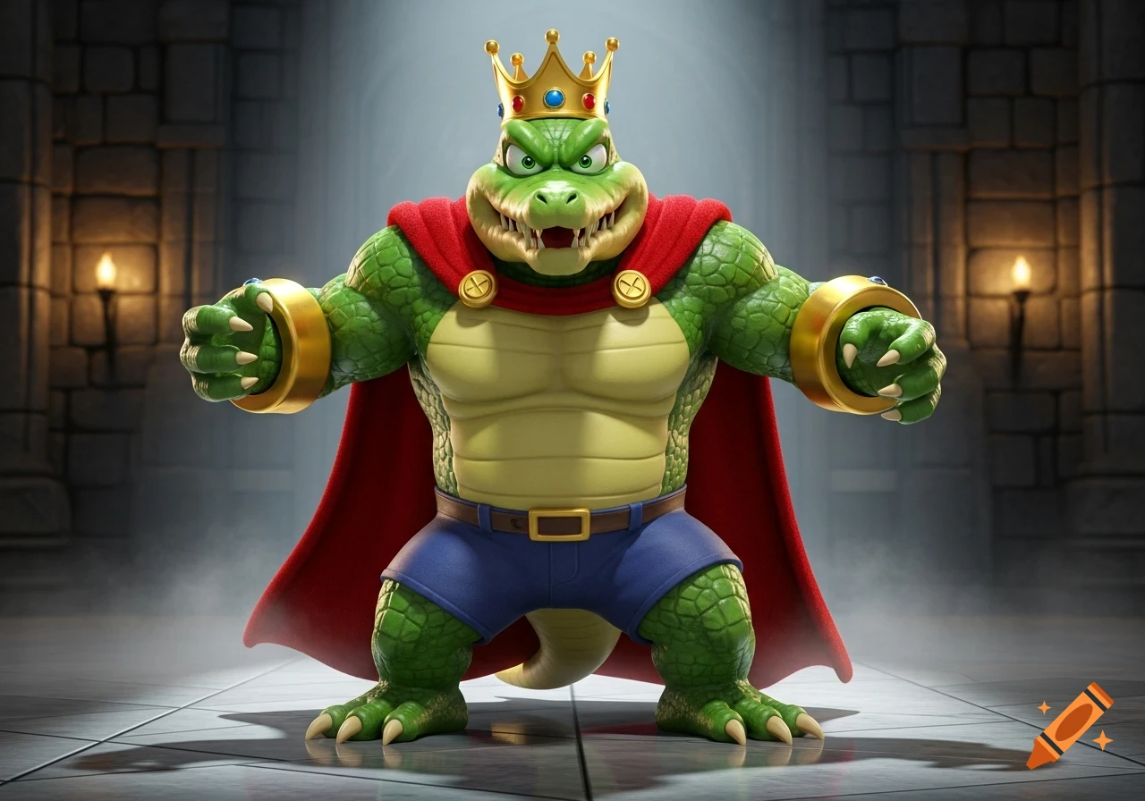 King K. Rool, a green crocodile king in a gold crown, red cape, and blue shorts, stands menacingly in a stone dungeon.