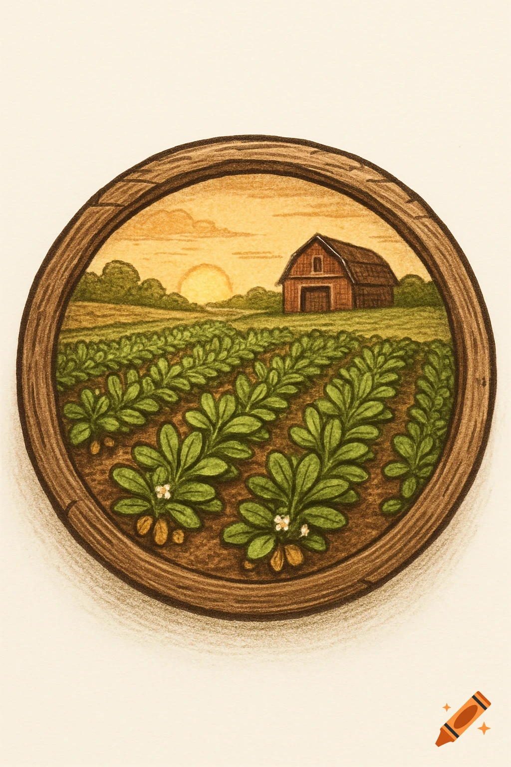 Hand-drawn illustration of a peanut farm with a barn and sunrise, framed in a wooden circle.