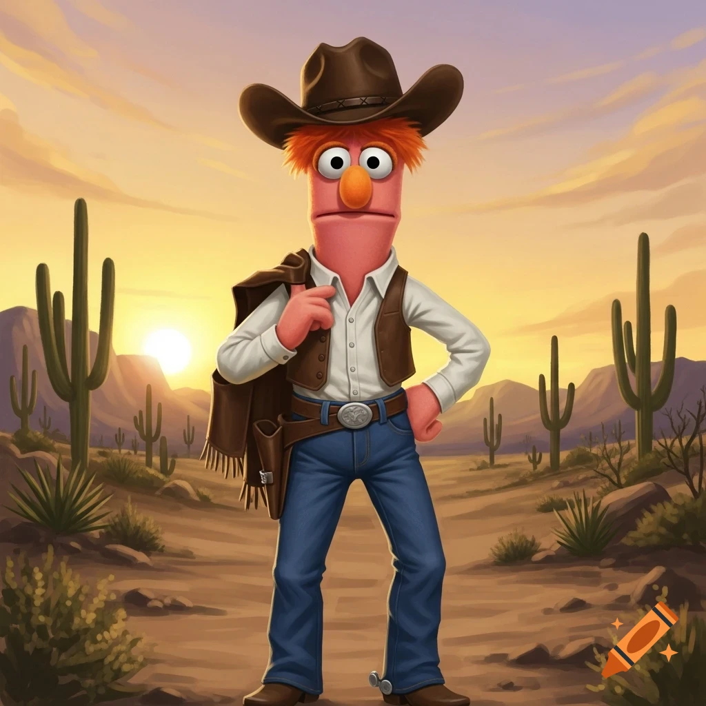 Beaker the Muppet dressed as a cowboy, wearing a hat, vest, jeans, and holding a jacket over his shoulder, standing in a desert landscape with cacti and mountains at sunset.