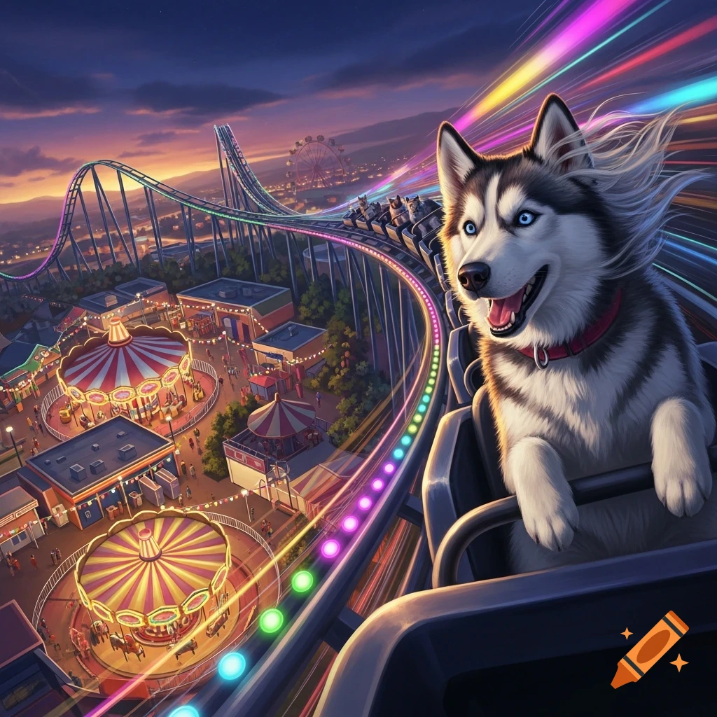 A happy husky rides a roller coaster at dusk in a vibrant amusement park, with glowing tracks creating speed streaks.