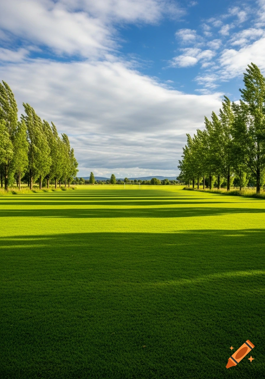 A vast green field with long tree shadows under a bright blue sky with white clouds, a soccer goal visible in the distance.