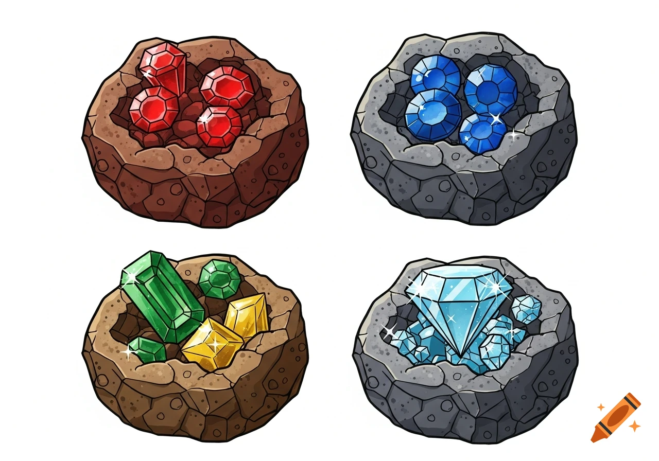 Four cartoon illustrations of ore chunks with various embedded gems: red rubies, blue sapphires, green emeralds and yellow gold, and a light blue diamond.