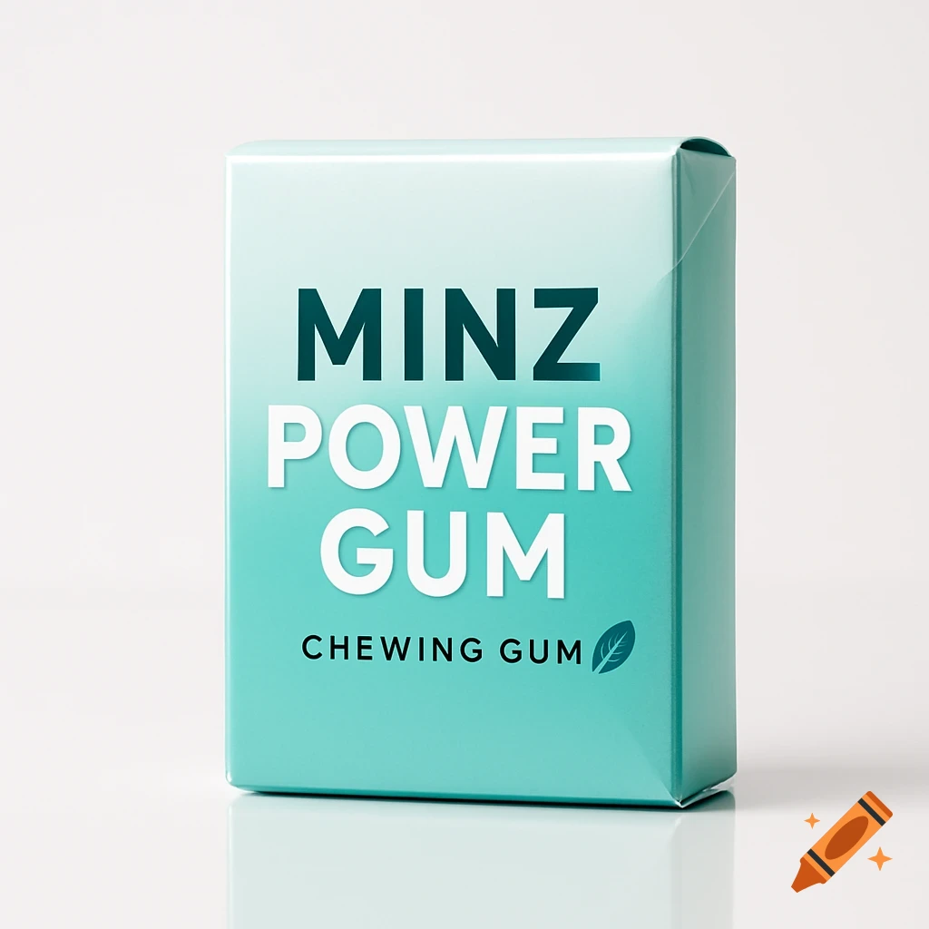 A modern turquoise chewing gum package labeled "Minz Power Gum" with a mint leaf icon, on a white background.