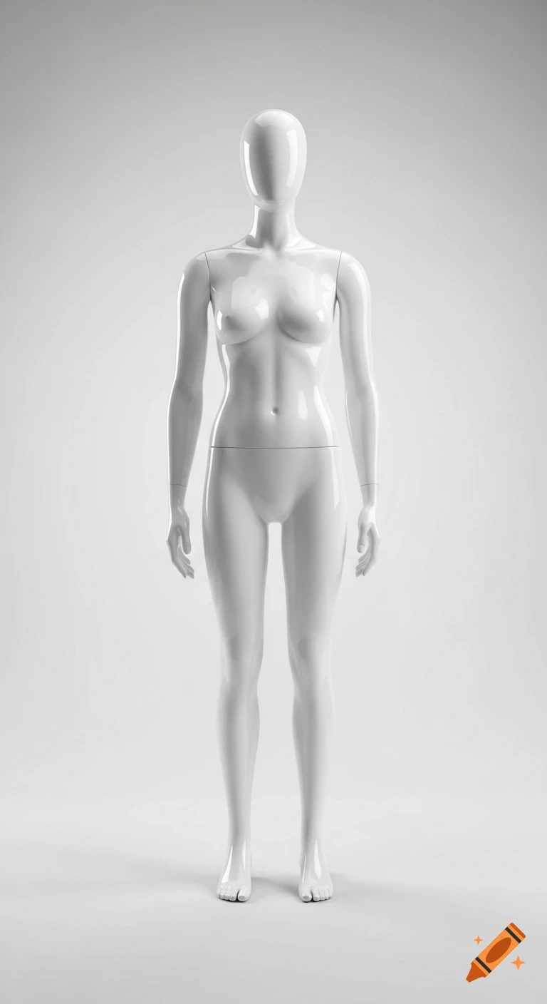 Full body, white, faceless mannequin standing frontally against a light gray background in a photorealistic style.