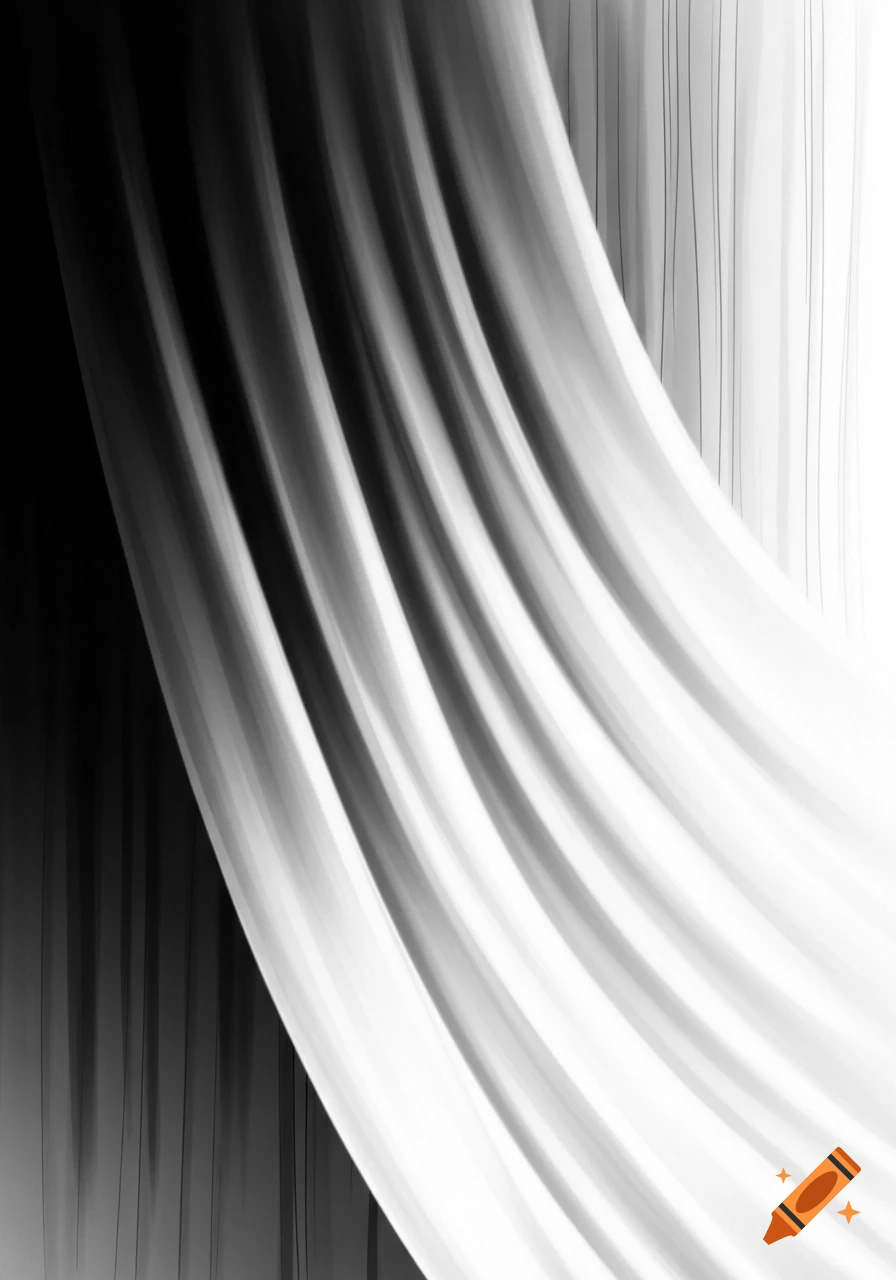 Abstract black and white gradient with flowing curved lines resembling a curtain.
