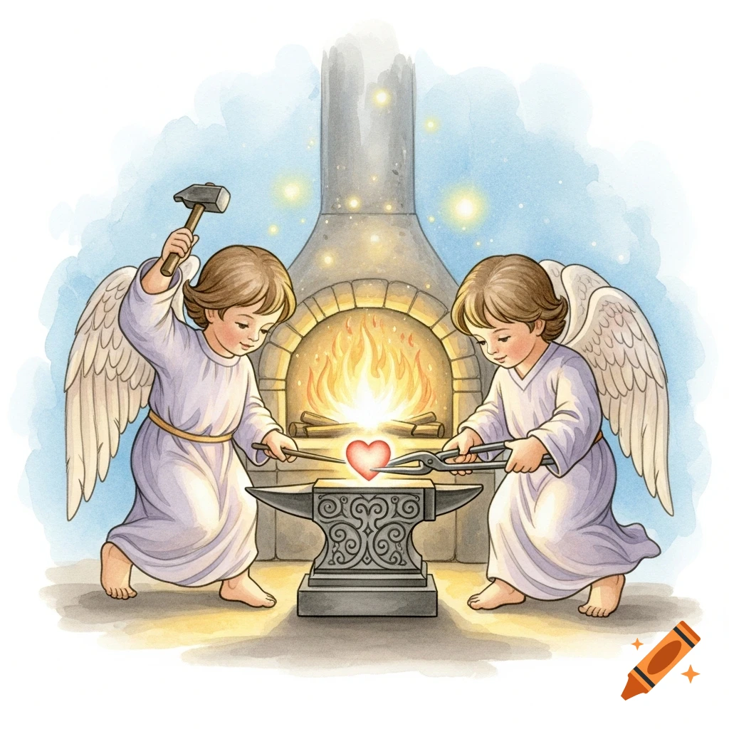 Two cherubic angels forge a glowing red heart on an anvil, with a fiery furnace behind them, in a watercolor illustration.