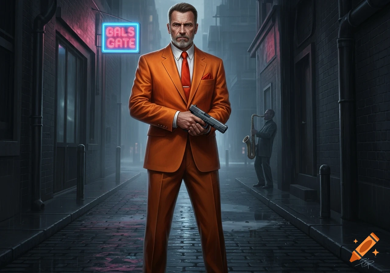 A man in an orange suit and red tie stands in a dark alley, holding a handgun. A neon sign says 'GALS GATE', and a saxophonist plays nearby.